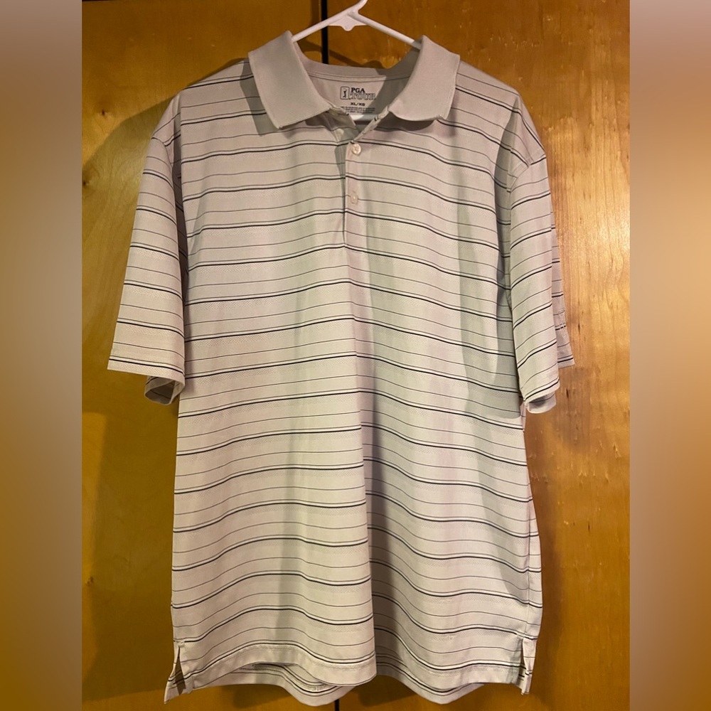 PGA TOUR Mens Polo Golf Shirt grey w/black and white stripes.